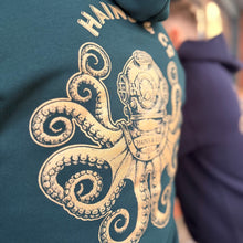Load image into Gallery viewer, Green hoodie with gold octopus design and 'Havana' text on the back.
